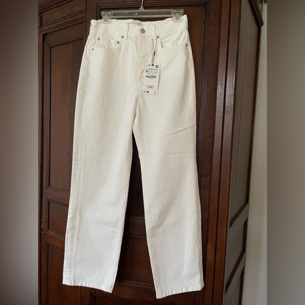 ZARA White Cotton Mid Rise Straight Leg Denim Jeans Pants NWT
